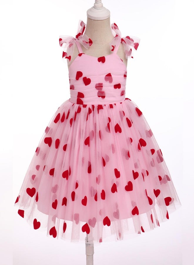 ODOLDI 1st Birthday Girl Dress Outfit Baby Pink Sleeveless Hearts Tulle Dress Princess Valentine's Day Pageant Party Tutu Dress Toddler Cake Smash Photoshoot Dresses Pink+Red Hearts 5-6 Years - Image 2