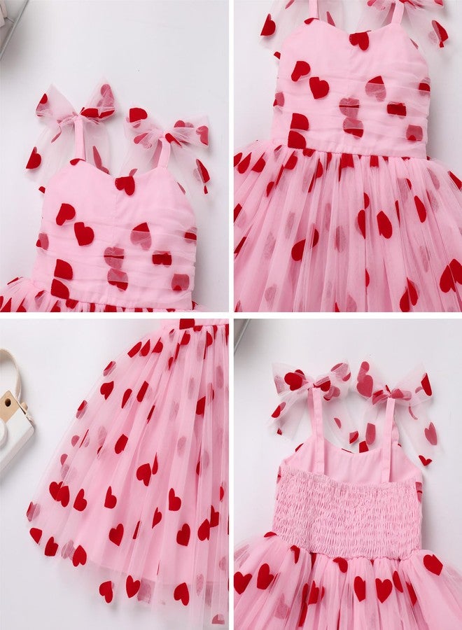 ODOLDI 1st Birthday Girl Dress Outfit Baby Pink Sleeveless Hearts Tulle Dress Princess Valentine's Day Pageant Party Tutu Dress Toddler Cake Smash Photoshoot Dresses Pink+Red Hearts 5-6 Years - Image 5