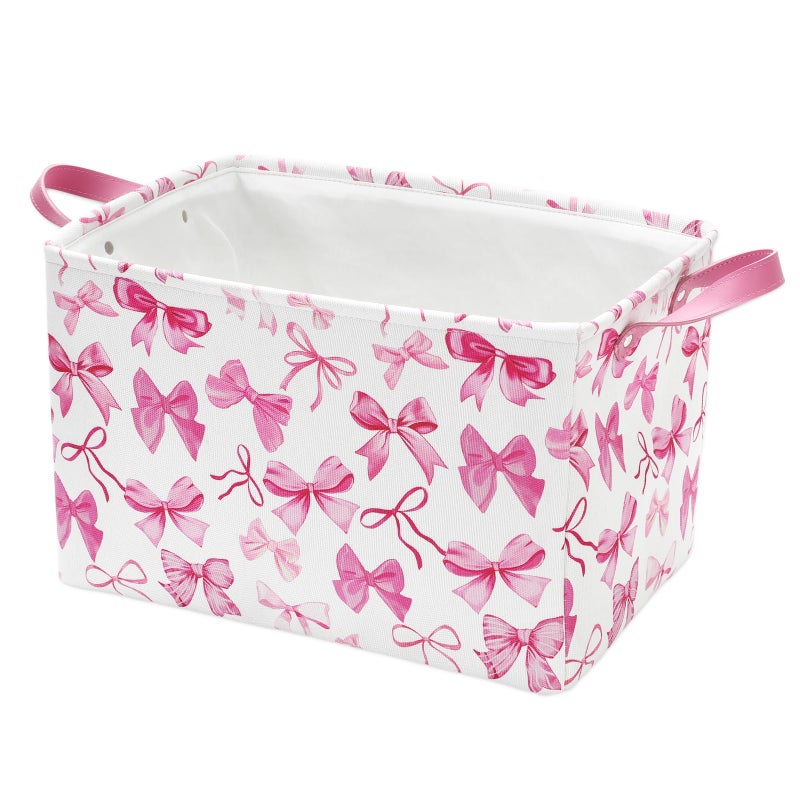 FYSUIMU 2Pcs Bow Rectangle Storage Basket 15 x 102 x 94 Inch Pink Bowknot Foldable Open Toy Organizer Bag with Handle Coquette Large Laundry Dirty Cloth Storage Bin for Bedroom Shelves Closet - Image 2