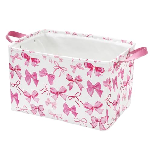 FYSUIMU 2Pcs Bow Rectangle Storage Basket 15 x 102 x 94 Inch Pink Bowknot Foldable Open Toy Organizer Bag with Handle Coquette Large Laundry Dirty Cloth Storage Bin for Bedroom Shelves Closet - Image 1
