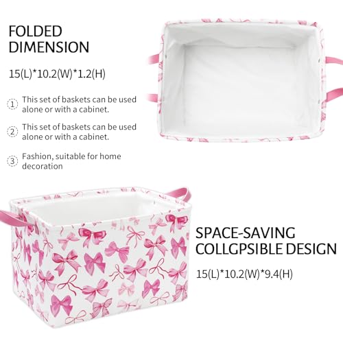 FYSUIMU 2Pcs Bow Rectangle Storage Basket 15 x 102 x 94 Inch Pink Bowknot Foldable Open Toy Organizer Bag with Handle Coquette Large Laundry Dirty Cloth Storage Bin for Bedroom Shelves Closet - Image 3