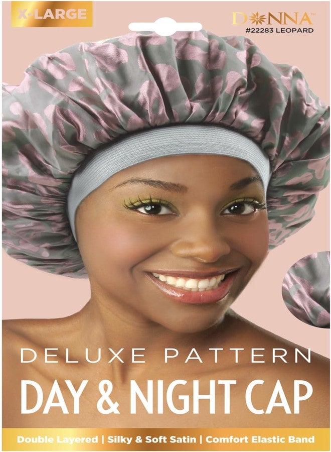 DONNA Deluxe Day Night Cap Silky Satin Lined Bonnet Sleep Cap, Stay on All Night Hair Wrap Cover Bonnet for Curly Hair, Shower Cap for Women, Saint Bonnet for Sleeping Soft Band White Leopard XL