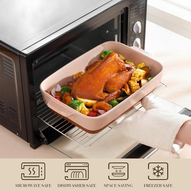 MALACASA 4.8 Qt Ceramic Oven Dish with Handles, 9 x 13 Inch Baking Dish Casserole Dishes, Deep Rectangular Lasagne Dishes Bakeware for Roasting (Khaki & Pink), Series TARA - Image 4