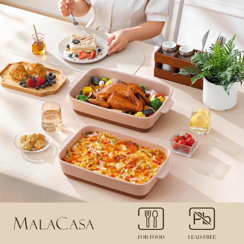 MALACASA 4.8 Qt Ceramic Oven Dish with Handles, 9 x 13 Inch Baking Dish Casserole Dishes, Deep Rectangular Lasagne Dishes Bakeware for Roasting (Khaki & Pink), Series TARA - Image 3