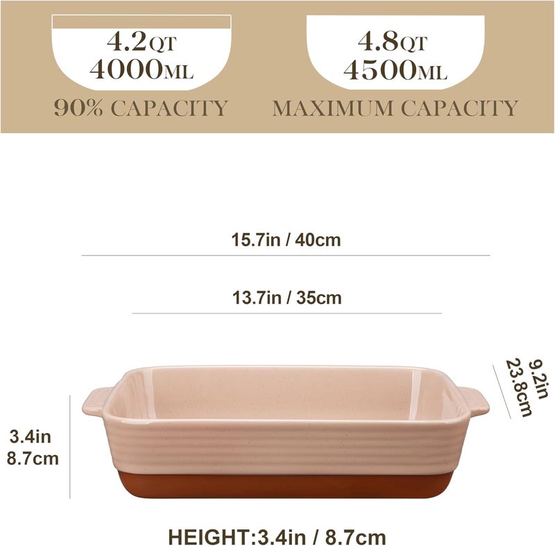 MALACASA 4.8 Qt Ceramic Oven Dish with Handles, 9 x 13 Inch Baking Dish Casserole Dishes, Deep Rectangular Lasagne Dishes Bakeware for Roasting (Khaki & Pink), Series TARA - Image 2