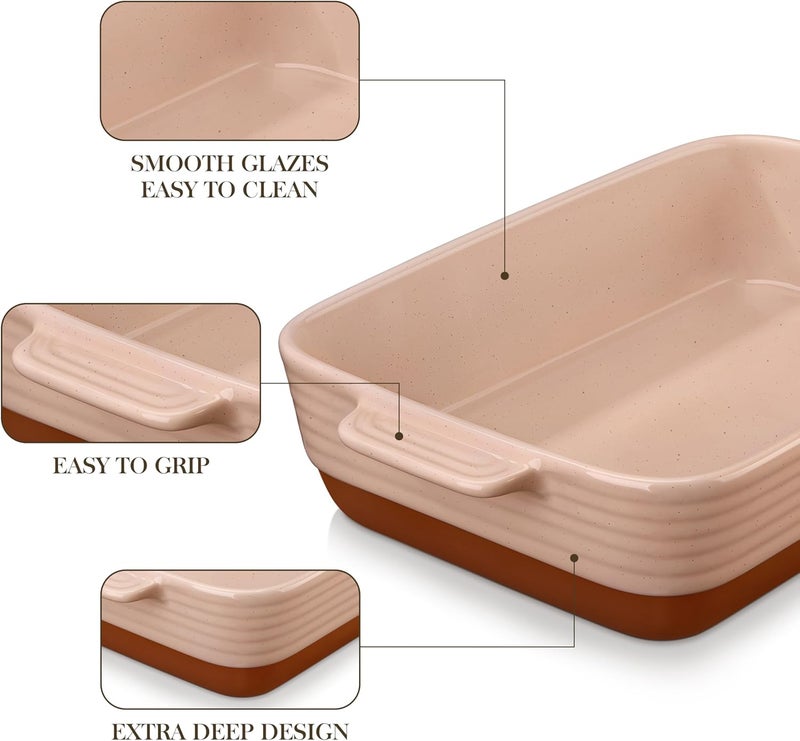 MALACASA 4.8 Qt Ceramic Oven Dish with Handles, 9 x 13 Inch Baking Dish Casserole Dishes, Deep Rectangular Lasagne Dishes Bakeware for Roasting (Khaki & Pink), Series TARA - Image 5