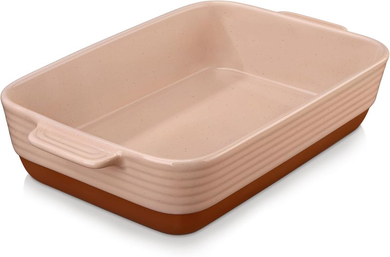 MALACASA 4.8 Qt Ceramic Oven Dish with Handles, 9 x 13 Inch Baking Dish Casserole Dishes, Deep Rectangular Lasagne Dishes Bakeware for Roasting (Khaki & Pink), Series TARA - Image 1
