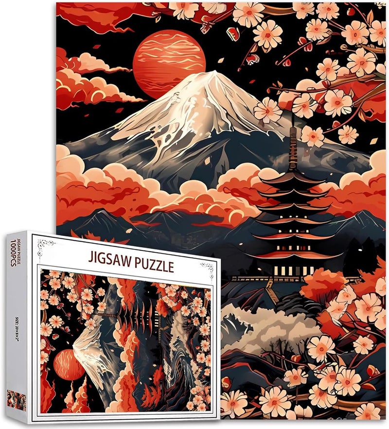 Tucocoo Japanese Mount Fuji Cherry Blossoms Jigsaw Puzzles for Adults 1000 PiecesRed Sky Clouds Puzzle Art 20 x 27 Inch Colorful DIY Puzzles for Home DecorationPerfect for Family Game Nights Gift Idea - Image 1