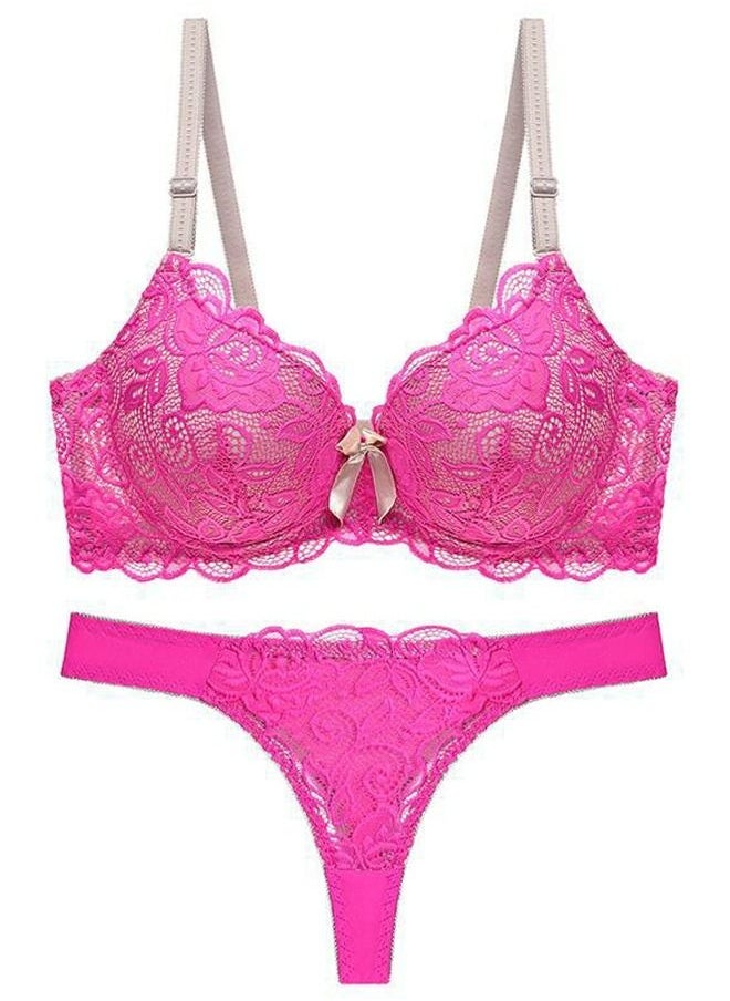 Loquat - Comfy B C Cup Lace Bra Panty Set Women's Underwear Set Pink And Beige Color Matching - Image 1