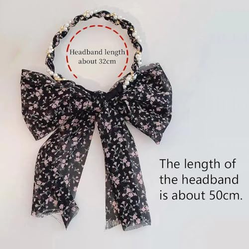 Hodaqe Long Ribbon Headband, Pearl Flower Hair Ribbons For Girls Women, Boho Braided Hair Ties, Elegant Bow Head Scarf Bands For Teen Girl Ponytail Fashion Hair Accessories For Women (Black) - Image 3