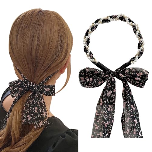 Hodaqe Long Ribbon Headband, Pearl Flower Hair Ribbons For Girls Women, Boho Braided Hair Ties, Elegant Bow Head Scarf Bands For Teen Girl Ponytail Fashion Hair Accessories For Women (Black) - Image 1