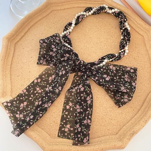 Hodaqe Long Ribbon Headband, Pearl Flower Hair Ribbons For Girls Women, Boho Braided Hair Ties, Elegant Bow Head Scarf Bands For Teen Girl Ponytail Fashion Hair Accessories For Women (Black) - Image 5