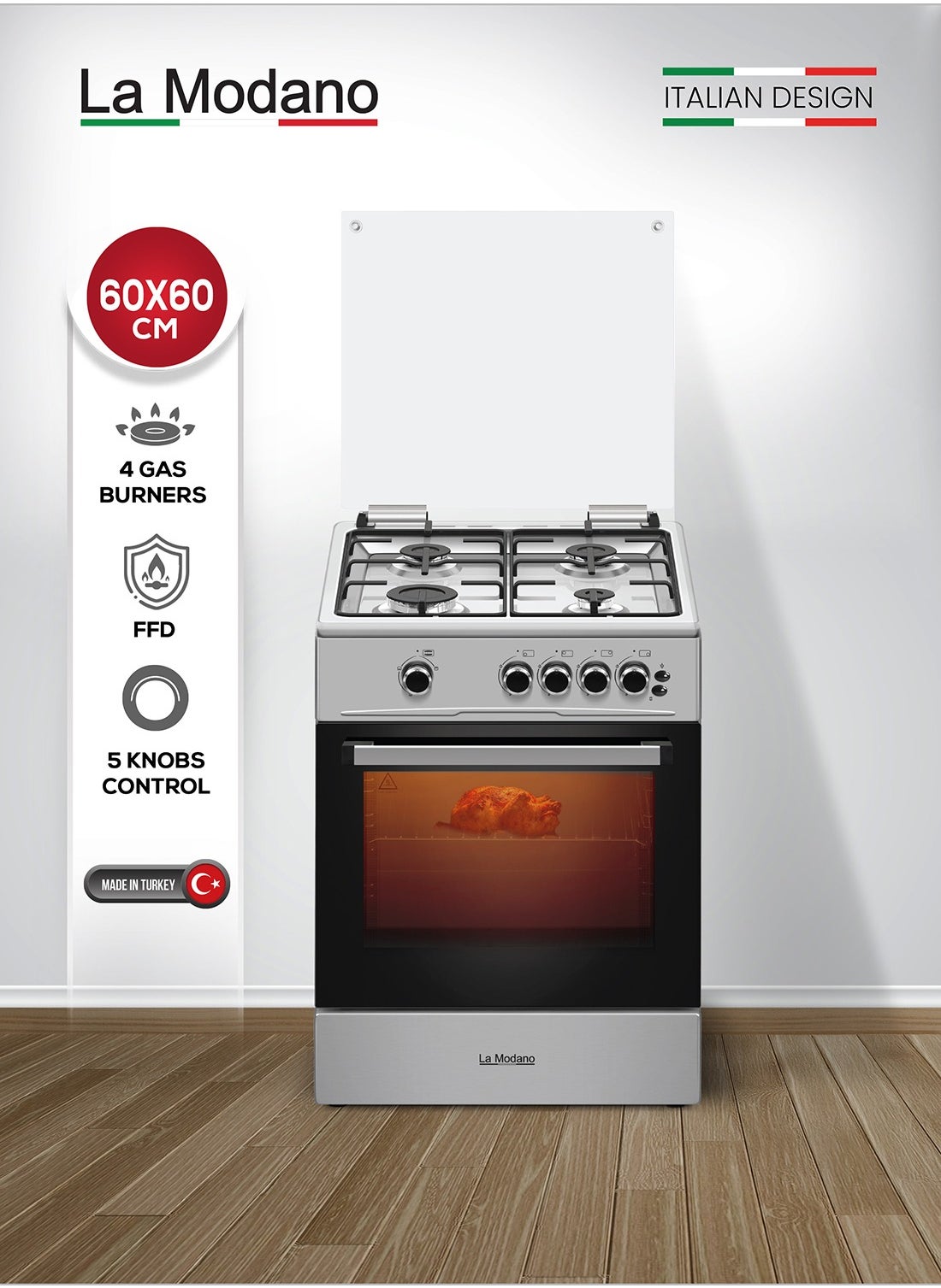 La Modano 60x60 cm Gas Cooker with 72L Oven Cavity, 4 Gas Burners, Grill & Oven Burner, Double Glass Door, Cooling Fan, Flame Failure Device, LMC6600 