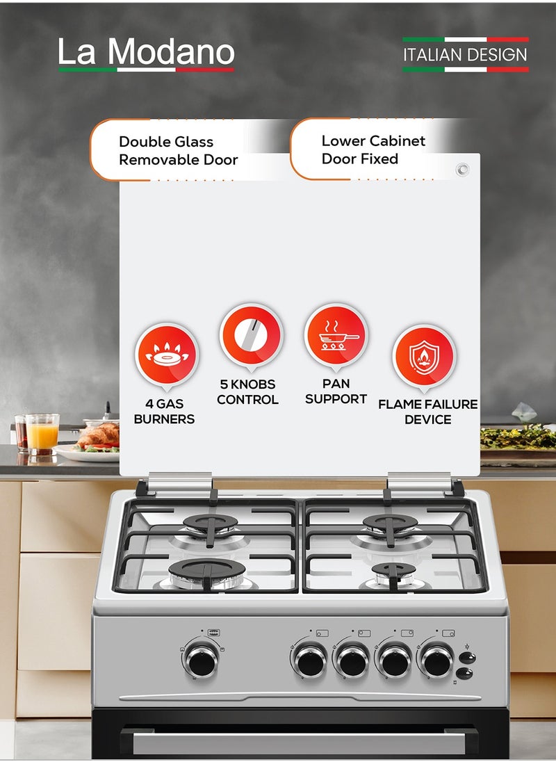 La Modano 60x60 cm Gas Cooker with 72L Oven Cavity, 4 Gas Burners, Grill & Oven Burner, Double Glass Door, Cooling Fan, Flame Failure Device, LMC6600  - Image 2
