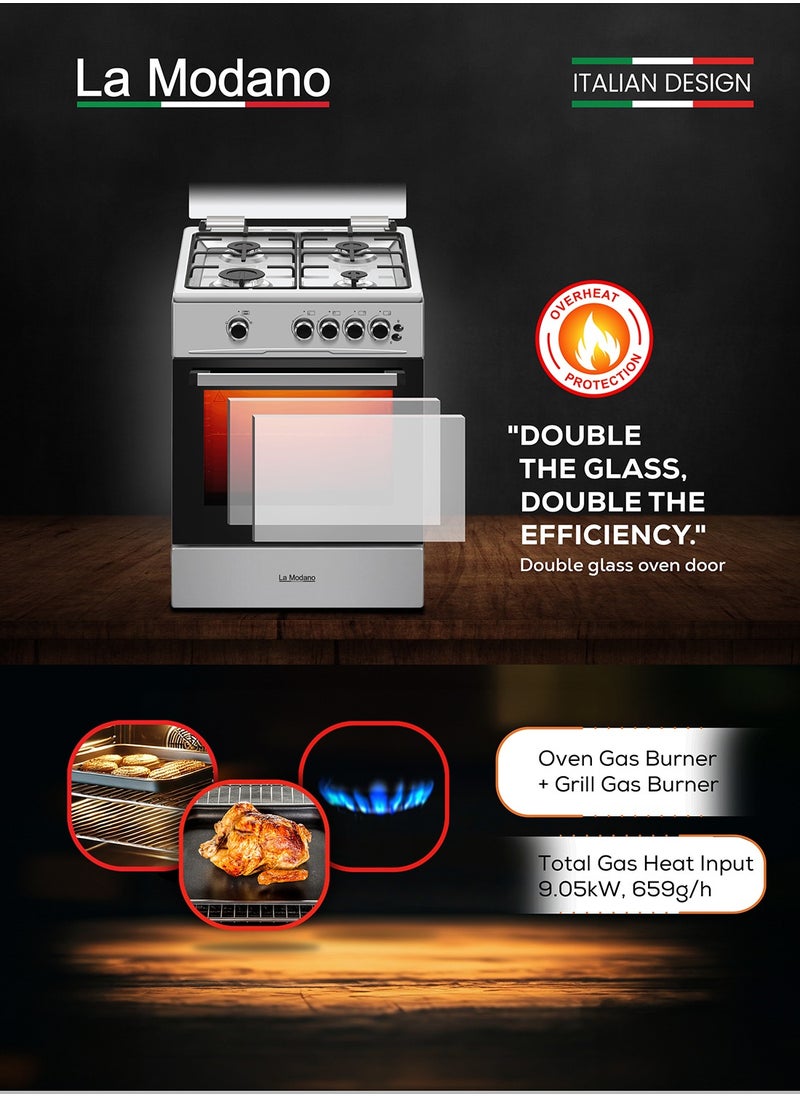 La Modano 60x60 cm Gas Cooker with 72L Oven Cavity, 4 Gas Burners, Grill & Oven Burner, Double Glass Door, Cooling Fan, Flame Failure Device, LMC6600  - Image 4