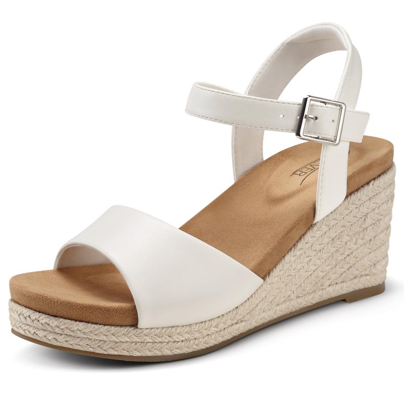 SHIBEVER Women's Wedge Platform Sandals: Espadrille Dressy Comfortable Summer Open Toe Ankle Strap Buckle Women Sandal White Size 8 - Image 1