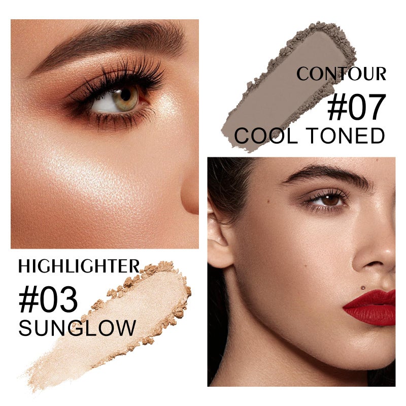 KYDA Baked Highlighter Contour Palette, Champagne Face Illuminator & Matte Cool Tone Contour, Lasting Glow Face Sculpting Contouring Makeup, Buildable Shimmer Color, Sun Glow & Cool Toned - Image 3