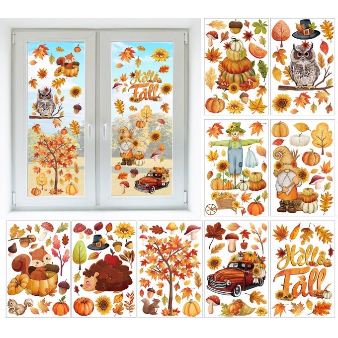 150 PCS FALL WINDOW CLINGSTHANKSGIVING WINDOW STICKERS PUMPKIN MAPLE LEAF WINDOW ART SEASONS DECALS FOR AUTUMN SCHOOL HOME OFFICE ACCESSORIES TODDLER PARTY SUPPLIES GIFTS 9 SHEETS FALL