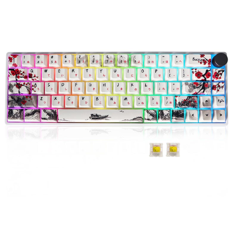 لوحة مفاتيح ألعاب MOLGRIA GK68 68 مفتاح RGB مضاءة من الخلف مع مفاتيح بلاستيكية على شكل أزهار البرقوق قابلة للتبديل الساخن مفاتيح ميكانيكية صفراء سلكية ولاسلكية مع مقبض لوحة مفاتيح ميكانيكية لنظامي Win و Mac OS