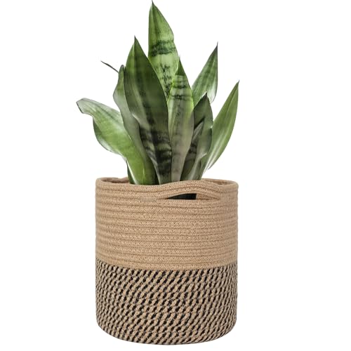 MEGASKET Woven Jute Plant Basket, Wicker Basket Planter up to 7" Pot, Round Indoor Tree Pot Cover, Small Boho Planter, Decorative Bins for Plants and Home Decor, 8”x8”x8, Black Stripes - Image 1