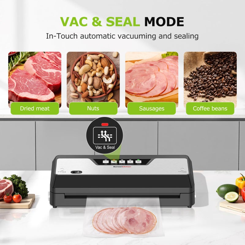 Bonsenkitchen Vacuum Sealer, Multi-Functional Food Sealer with 1 Roll Bag+ 50 Bags, Fast-Compact Design | Bag Storage | Built-in Cutter, External Vacuum System & Accessory Tube, Silver - Image 4