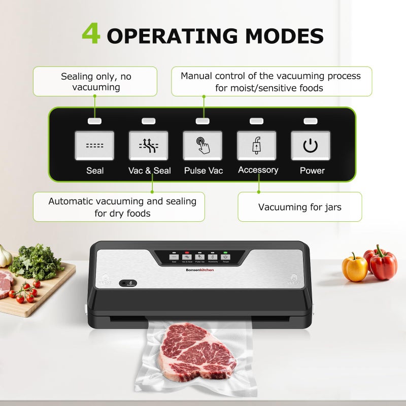 Bonsenkitchen Vacuum Sealer, Multi-Functional Food Sealer with 1 Roll Bag+ 50 Bags, Fast-Compact Design | Bag Storage | Built-in Cutter, External Vacuum System & Accessory Tube, Silver - Image 2