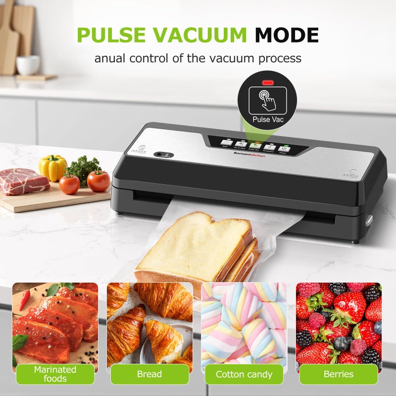 Bonsenkitchen Vacuum Sealer, Multi-Functional Food Sealer with 1 Roll Bag+ 50 Bags, Fast-Compact Design | Bag Storage | Built-in Cutter, External Vacuum System & Accessory Tube, Silver - Image 5
