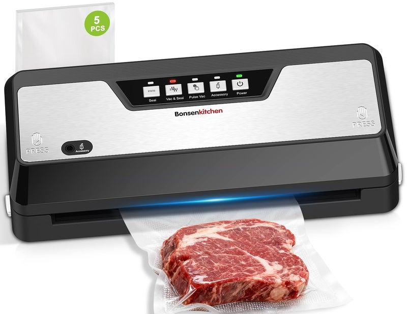 Bonsenkitchen Vacuum Sealer, Multi-Functional Food Sealer with 1 Roll Bag+ 50 Bags, Fast-Compact Design | Bag Storage | Built-in Cutter, External Vacuum System & Accessory Tube, Silver - Image 1