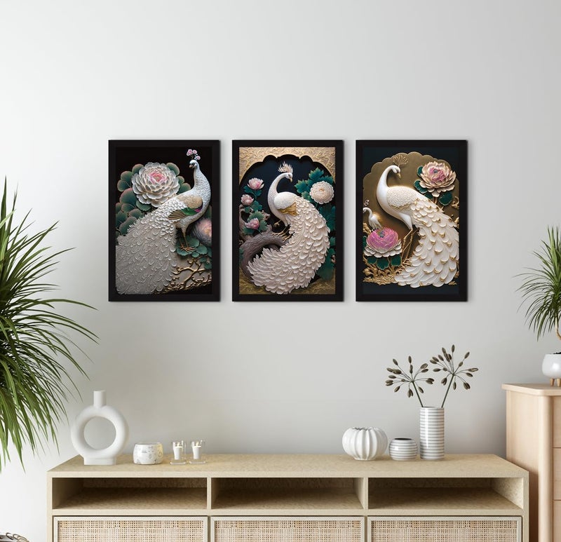 ArtX Paper Peacock Modern Art Wall Painting For Living Room Decoration Big Size Framed Painting for Wall Decoration Wall Decor For Bedroom Multicolor 375 x 185 inches Set Of 3 - Image 4