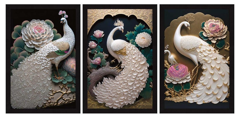 ArtX Paper Peacock Modern Art Wall Painting For Living Room Decoration Big Size Framed Painting for Wall Decoration Wall Decor For Bedroom Multicolor 375 x 185 inches Set Of 3 - Image 1