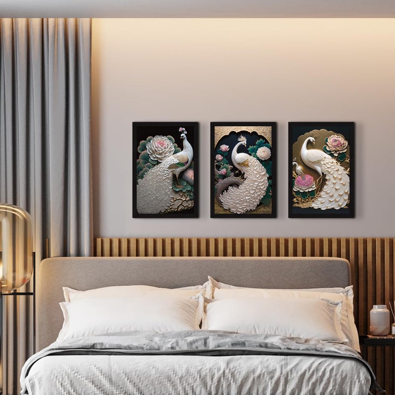 ArtX Paper Peacock Modern Art Wall Painting For Living Room Decoration Big Size Framed Painting for Wall Decoration Wall Decor For Bedroom Multicolor 375 x 185 inches Set Of 3 - Image 5