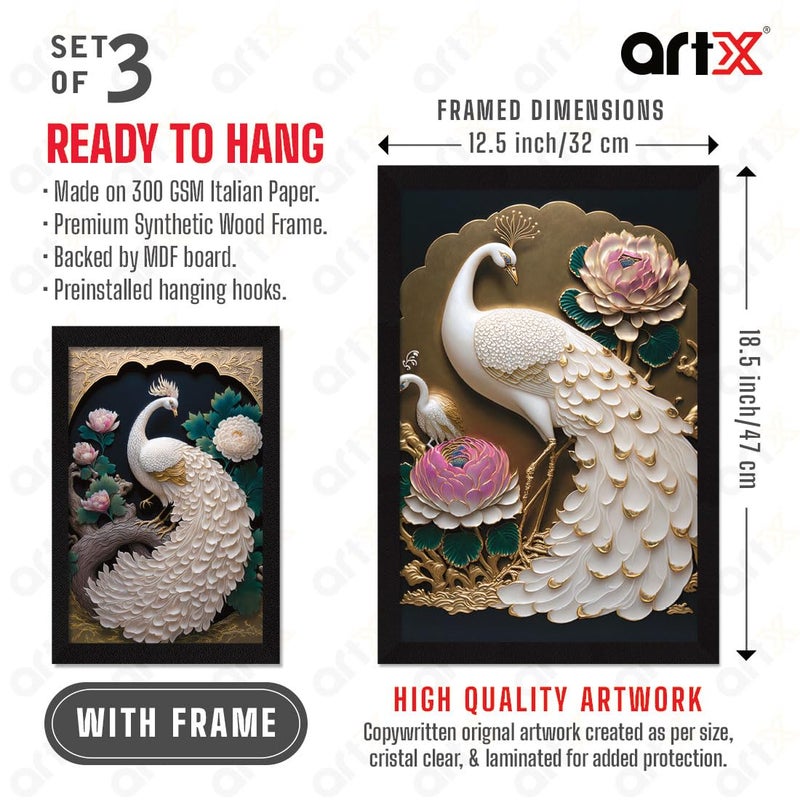 ArtX Paper Peacock Modern Art Wall Painting For Living Room Decoration Big Size Framed Painting for Wall Decoration Wall Decor For Bedroom Multicolor 375 x 185 inches Set Of 3 - Image 3