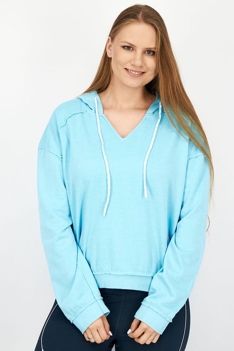 Activology Women Hooded Drawstring Long Sleeve Sweatshirt, Washed Blue - Image 1