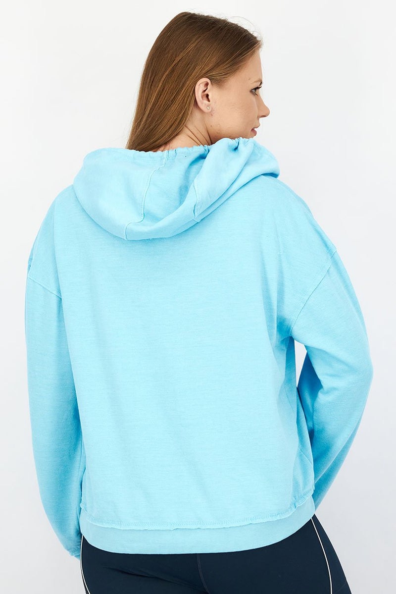 Activology Women Hooded Drawstring Long Sleeve Sweatshirt, Washed Blue - Image 3