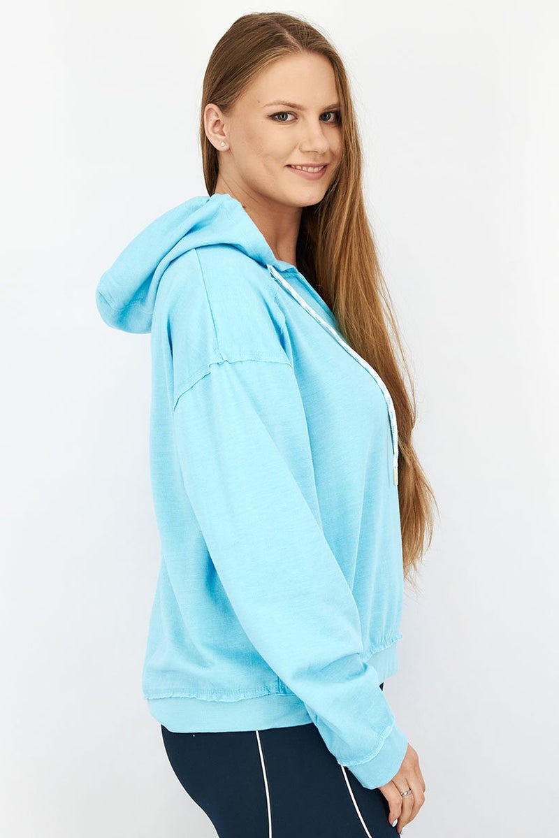 Activology Women Hooded Drawstring Long Sleeve Sweatshirt, Washed Blue - Image 2