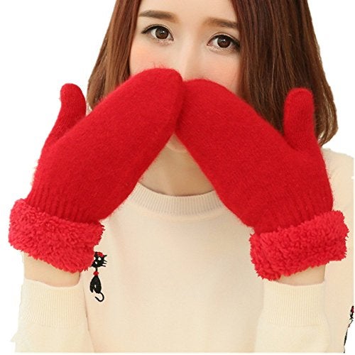 Vimeet Winter Thicken Warmer Women Gloves Knitted Wool Plush Full Finger Mittens (Red)1 - Image 5
