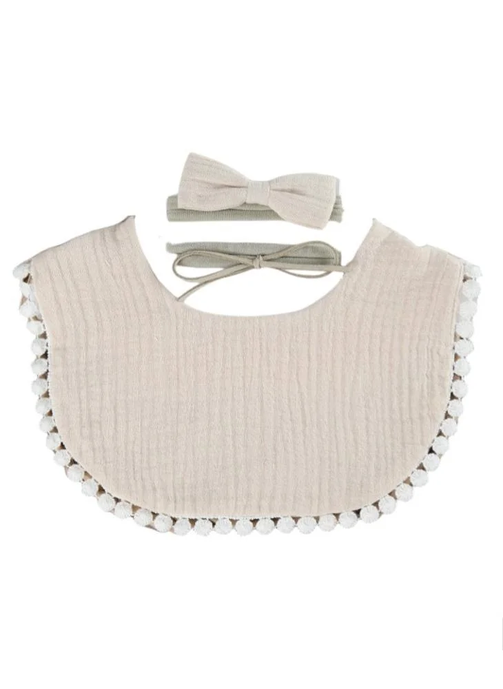 Bambimici Bambimici -Sophia  Set of Baby Bib and Ribbon Headband - Beige