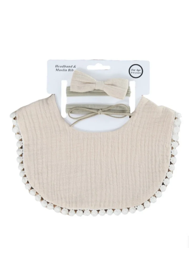 Bambimici Bambimici -Sophia  Set of Baby Bib and Ribbon Headband - Beige