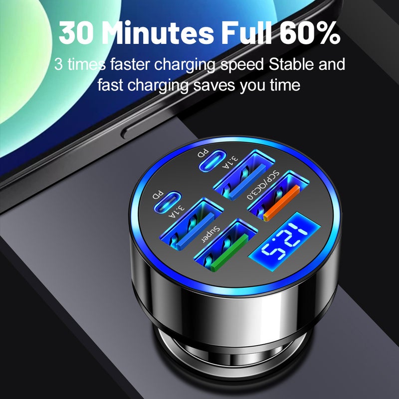 Suit Six-In-One Multi-Port With Digital Display Supports Ultra-Fast Car Charging 6 Ports With Voltage Car-Mounted One-To-Six Fast Car Charging - Image 3