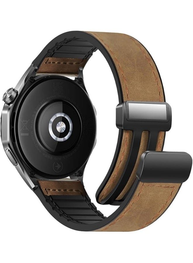 Leather Silicone Watch For Samsung Galaxy Watch 3 45mm / Galaxy Watch 46mm, 22mm Magnetic Buckle Quick Release Replacement Strap with D-Buckle For Men Women - Dark Brown - Image 1