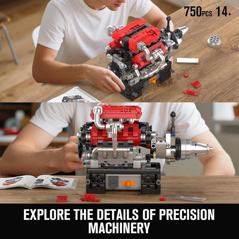 مولد كينج مجموعة نموذج محرك V8 من Mould King 10206 يعمل، قم ببناء نموذج محرك STEM الخاص بك، لعبة بناء محرك سيارة 8 أسطوانات للأطفال/الكبار (737+ قطعة) - Image 5