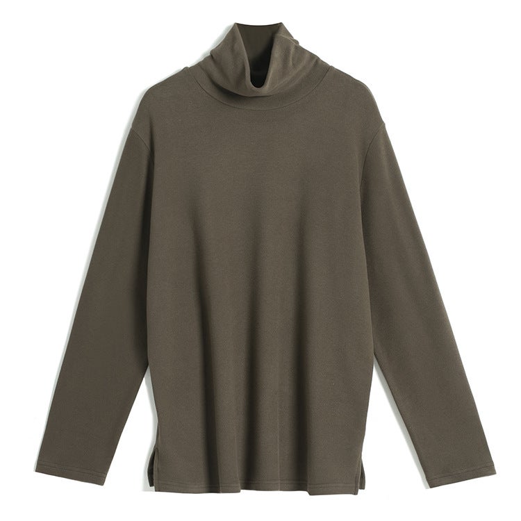 Oversized Fit·Stacked Collar With Side Slits·Super Soft Double-Sided Fleece Loose Turtleneck Long-Sleeve T-Shirt - Image 1