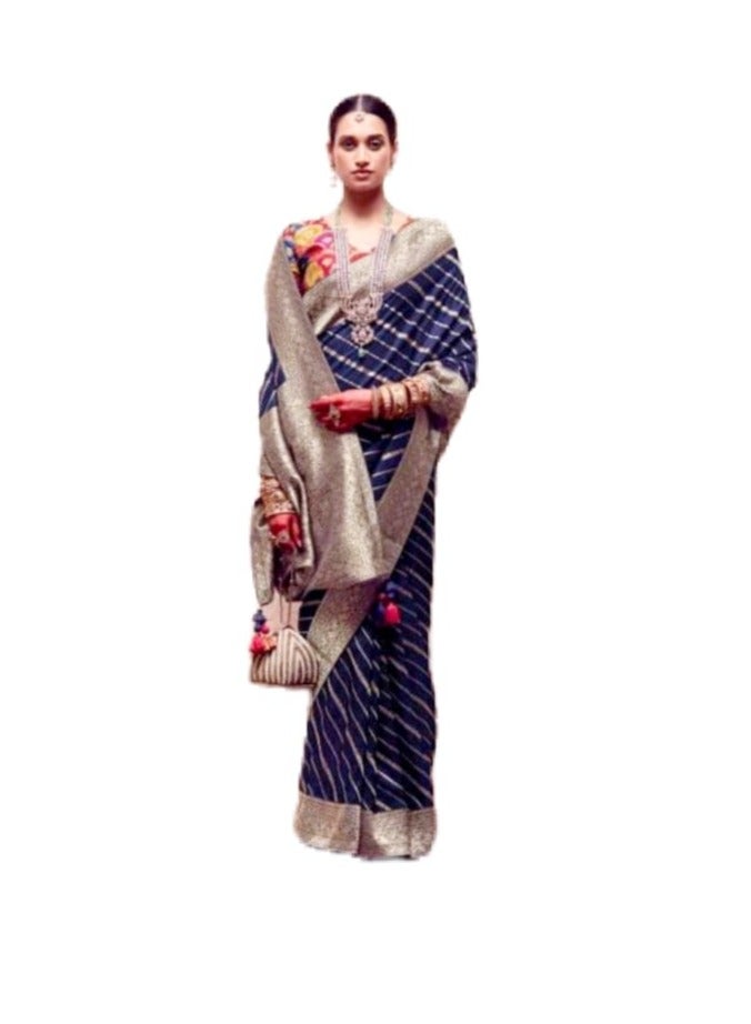 Grab Mantra Blue Golden Stripes Print Silk Saree With Border And Unstitched Blouse  - Image 1