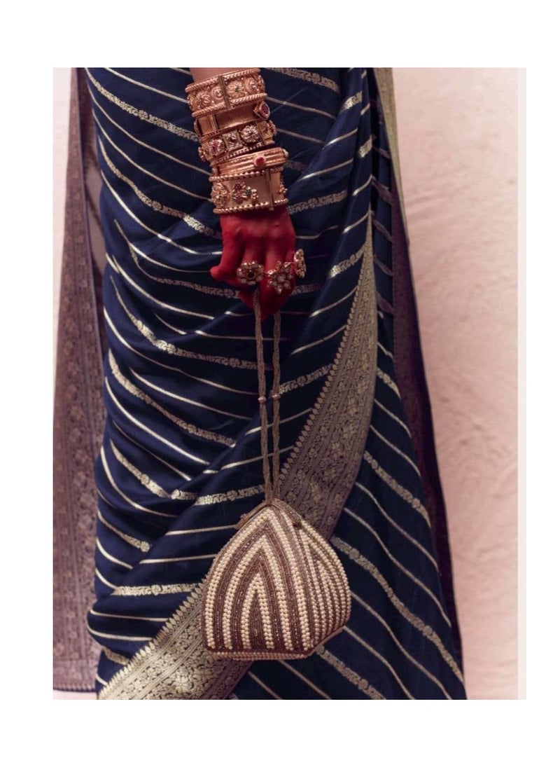 Grab Mantra Blue Golden Stripes Print Silk Saree With Border And Unstitched Blouse  - Image 3