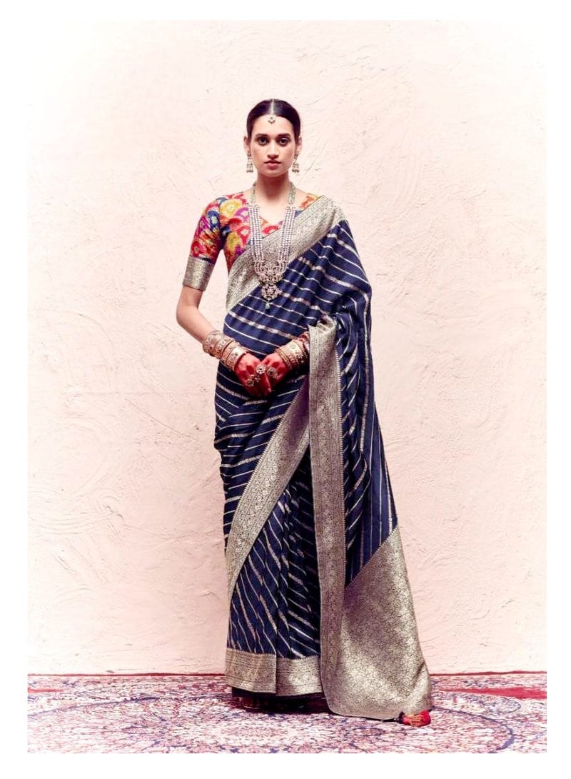 Grab Mantra Blue Golden Stripes Print Silk Saree With Border And Unstitched Blouse  - Image 2