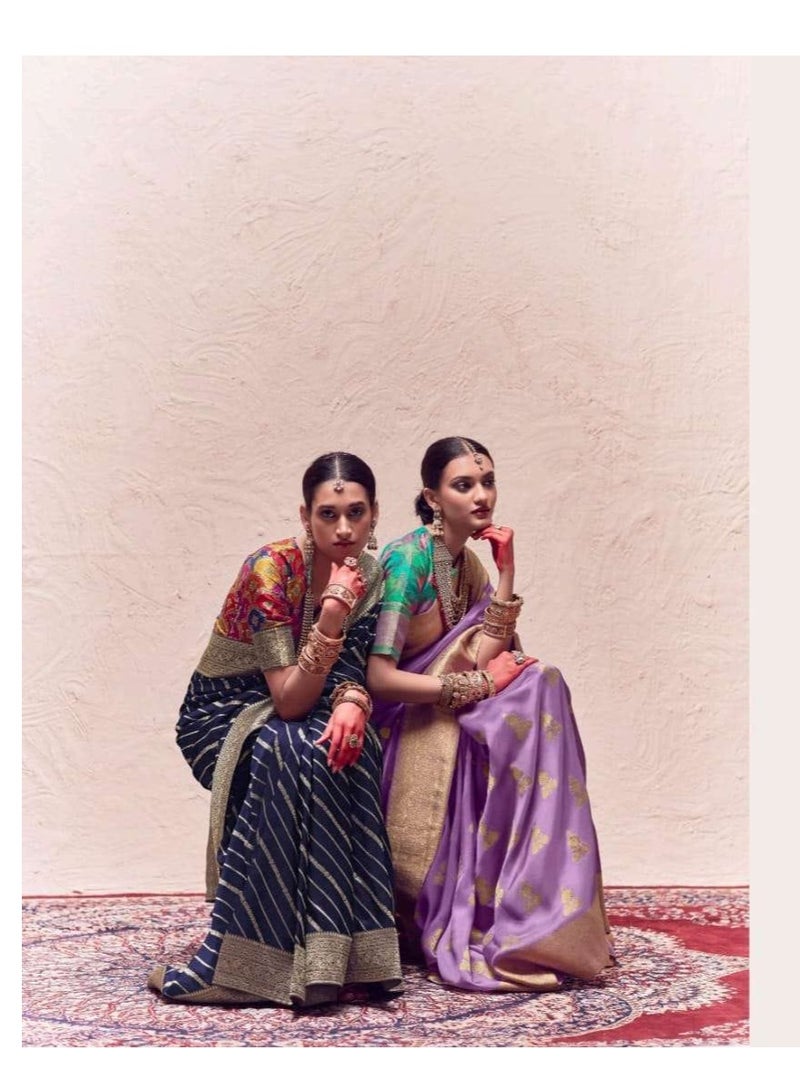 Grab Mantra Blue Golden Stripes Print Silk Saree With Border And Unstitched Blouse  - Image 4