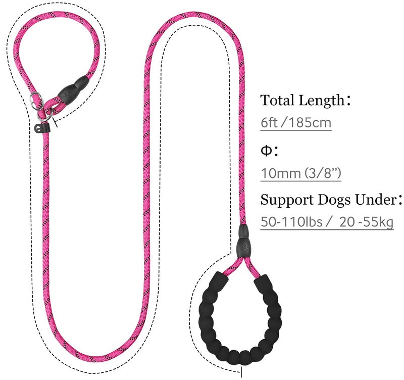 TagME Slip Leads for Dogs that Pull, 6 FT No-Pull Training Leash with Lock, Escape-Proof Design, Reflective & Padded Handle for Medium Dogs, Hot Pink - Image 2