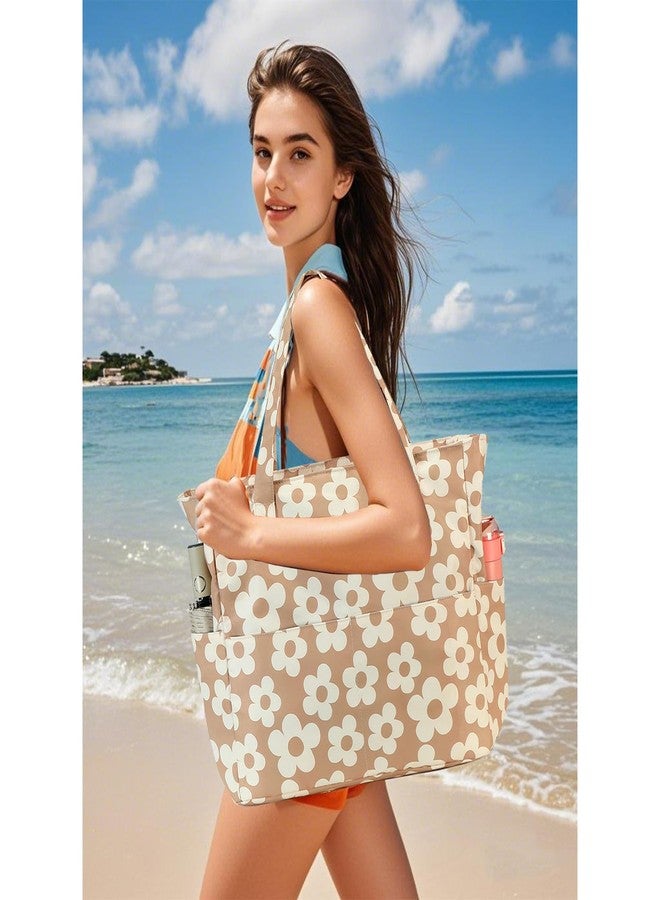 Bluboon Beach Bags for Women, Large Waterproof Tote Bag With Wet Compartment for Pool Weekender Travel Gym, Beige Flower 157, X-Large - Image 3