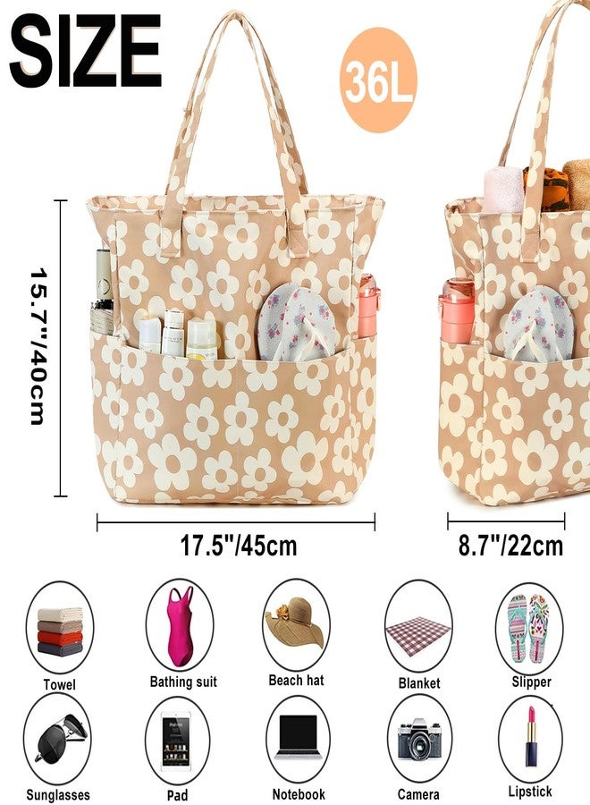 Bluboon Beach Bags for Women, Large Waterproof Tote Bag With Wet Compartment for Pool Weekender Travel Gym, Beige Flower 157, X-Large - Image 5