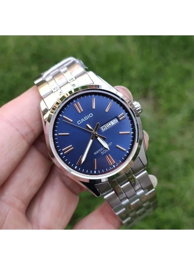 CASIO Men's Watch - MTP-1335D-2A2VDF Blue/Gold Dial, Silver Band